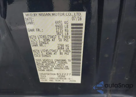 2016 Nissan Nv Cargo Nv3500 Hd S V8 z USA, uszkodzony, nr VIN 1N6AF0KYXGN812227